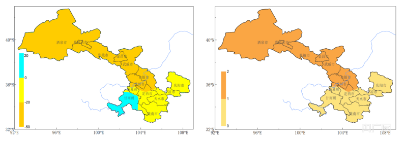 盛夏降水距平百分率（左，%）和气温距平预报图（右， ℃）（央广网发 甘肃省气象局 供图）