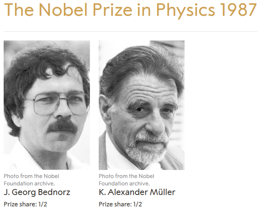 1987年诺贝尔物理学奖颁给两位发现铜氧化物超导的科学家