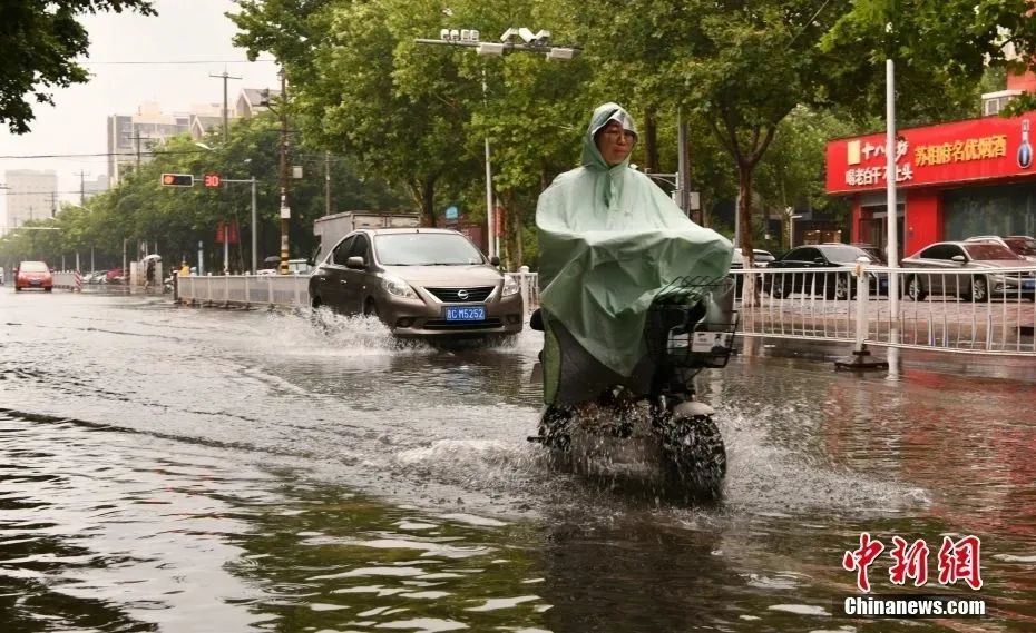 图为7月31日，市民在石家庄市栾城区街头冒雨出行。图/视觉中国