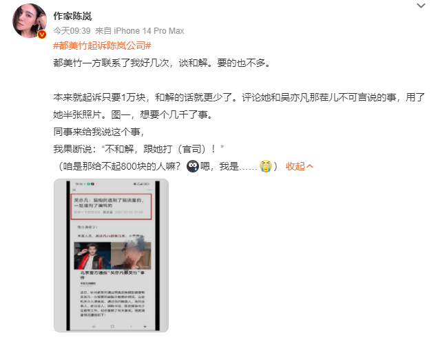 陈岚回应都美竹起诉其公司侵犯肖像权：不和解，跟她打