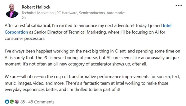 AMD 12年老将Robert Hallock加盟Intel：职位更高级