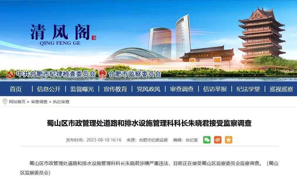 蜀山区市政管理处道路和排水设施管理科科长朱晓君接受监察调查