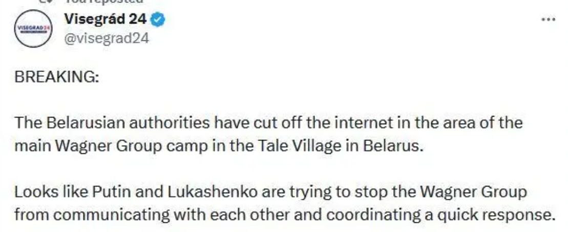 白俄罗斯当局8月23日切断了“瓦格纳”集团主要营地所在地区的互联网