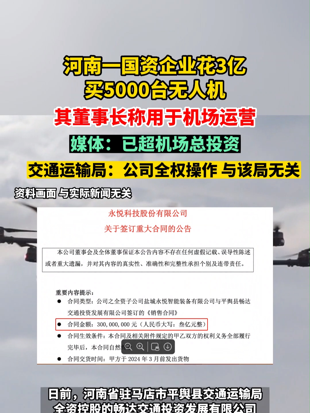 #河南 平舆交通运输局回应“子公司花3亿买#无人机 ”：公司全权操作，与该局无关#热点知多少