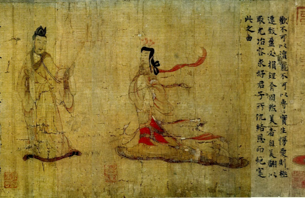 《女史箴图》（局部）东晋，顾恺之。它成功地塑造了不同身份的宫廷妇女形象，反映了作者所处时代的妇女生活情景。
