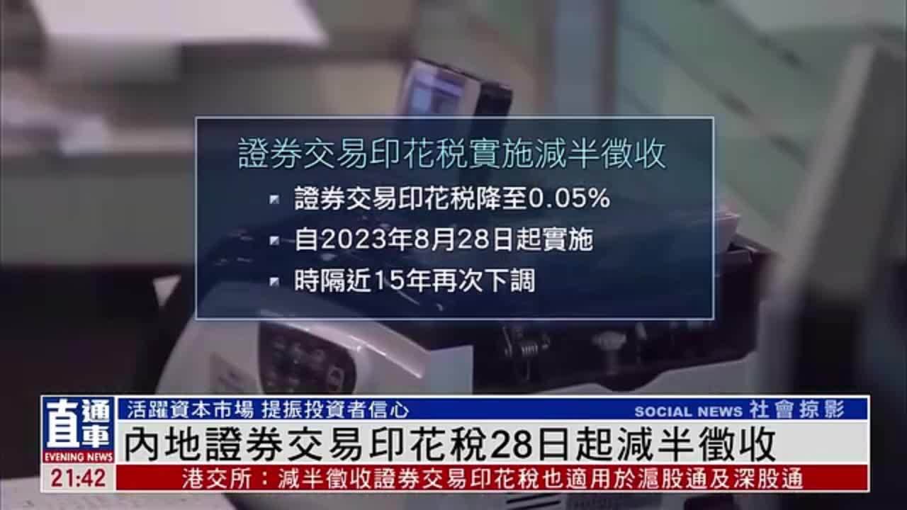 内地证券交易印花税28日起减半征收