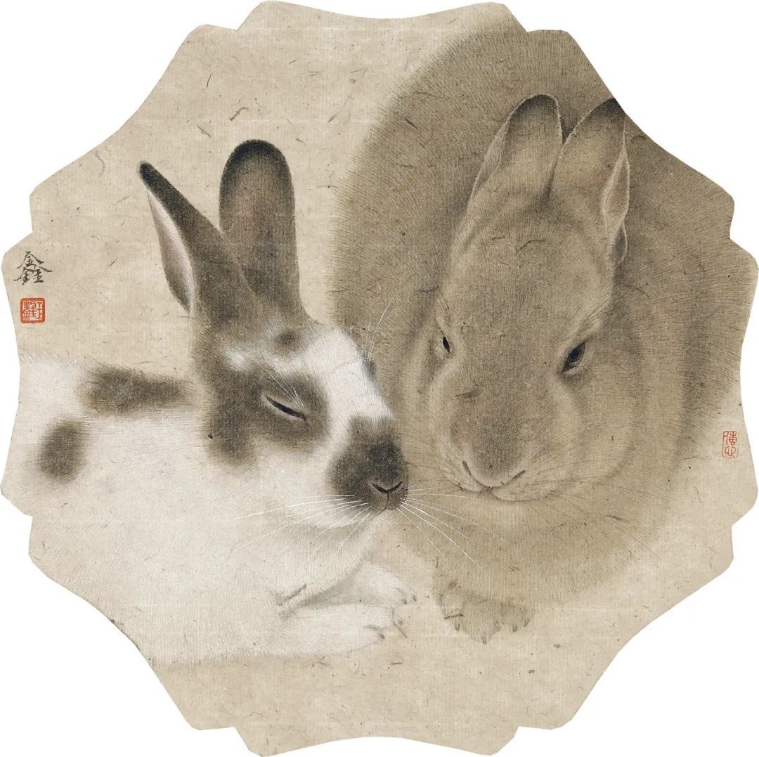 罗玉鑫 双兔 32x32cm 2023年 纸本设色