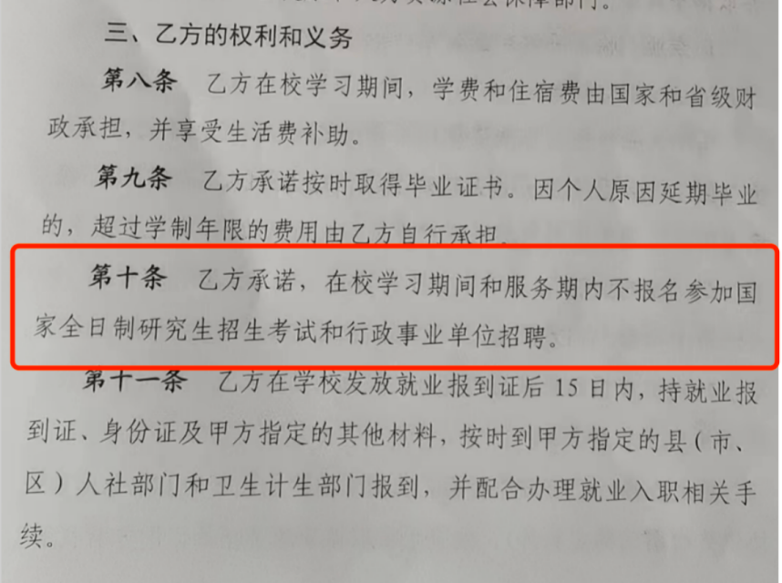 2018年定向生协议中关于不得考研的相关约定 受访者提供