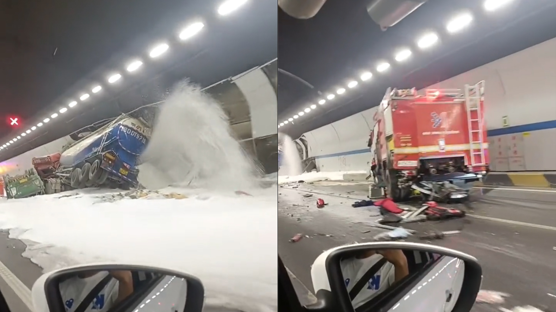 厦门海沧隧道发生连环车祸消防车处置时被罐车追尾一消防员受伤送医