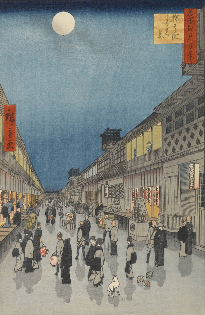 《猿若町夜之景》，歌川廣重，約1856-1858年，此圖為《名所江戶百景》系列之一