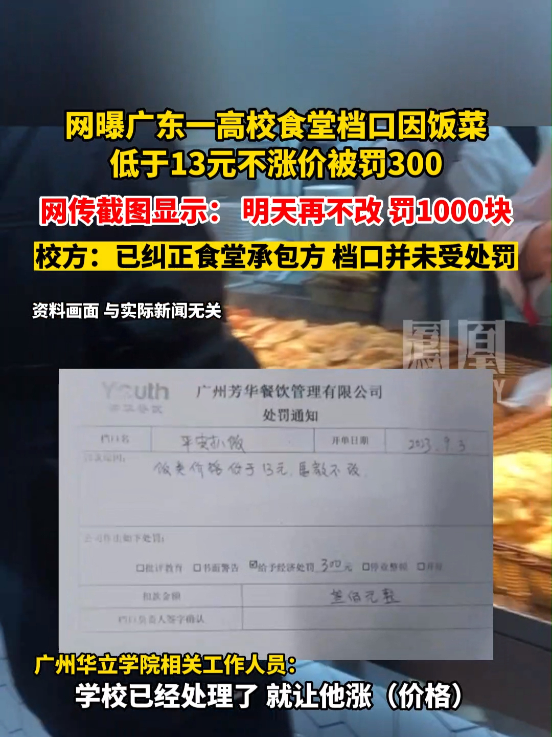 网曝#广东 一高校食堂档口因饭菜低于13元不涨价被罚300，校方：已纠正食堂承包方，档口并未受处罚#热点知多少