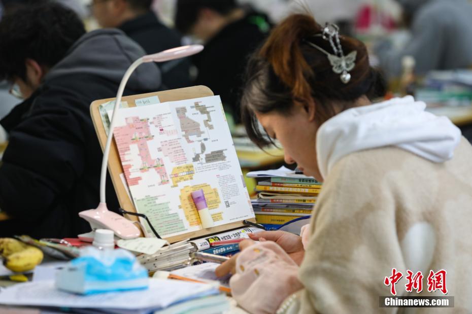 资料图：一位考研学生在南昌大学教学楼自习室复习备考。 刘力鑫 摄