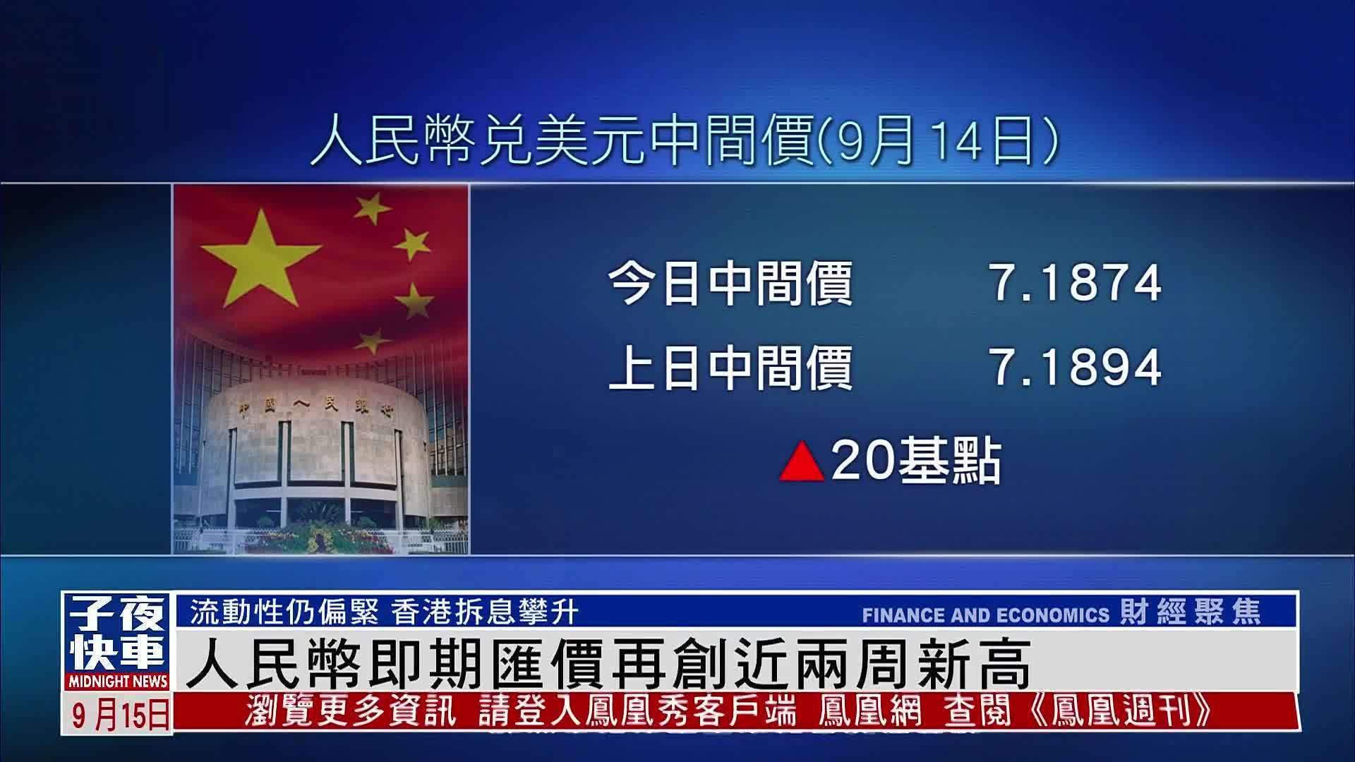 人民币即期汇价再创近两周新高