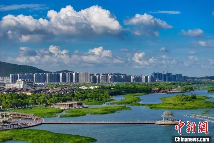 资料图：航拍苏州太湖湖滨国家湿地公园，蓝天碧水生态美。泱波 摄