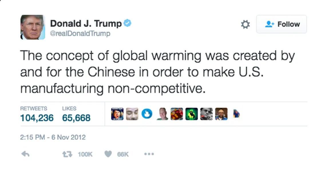 ▎特朗普曾在社交媒体发文，称中国创造了“全球变暖”概念，目的是削弱美国制造业竞争力
