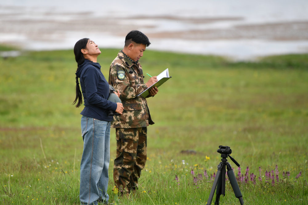 甘肃尕海则岔国家级自然保护区管护中心尕海保护站站长香毛吉（左）和同事在巡护过程中做记录　新华社记者　方欣　摄