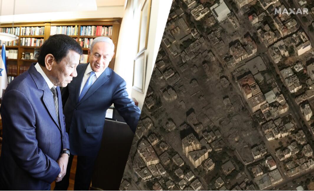 左图为杜特尔特访以期间与以色列总理内塔尼亚胡会面，右为加沙部分被毁建筑卫星图  图源：外媒