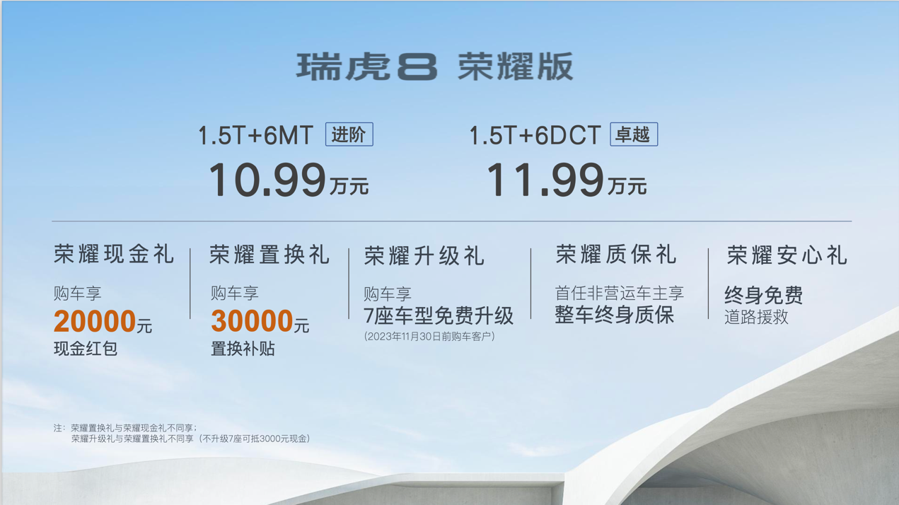 奇瑞瑞虎8荣耀版上市，售价10.99-11.99万元