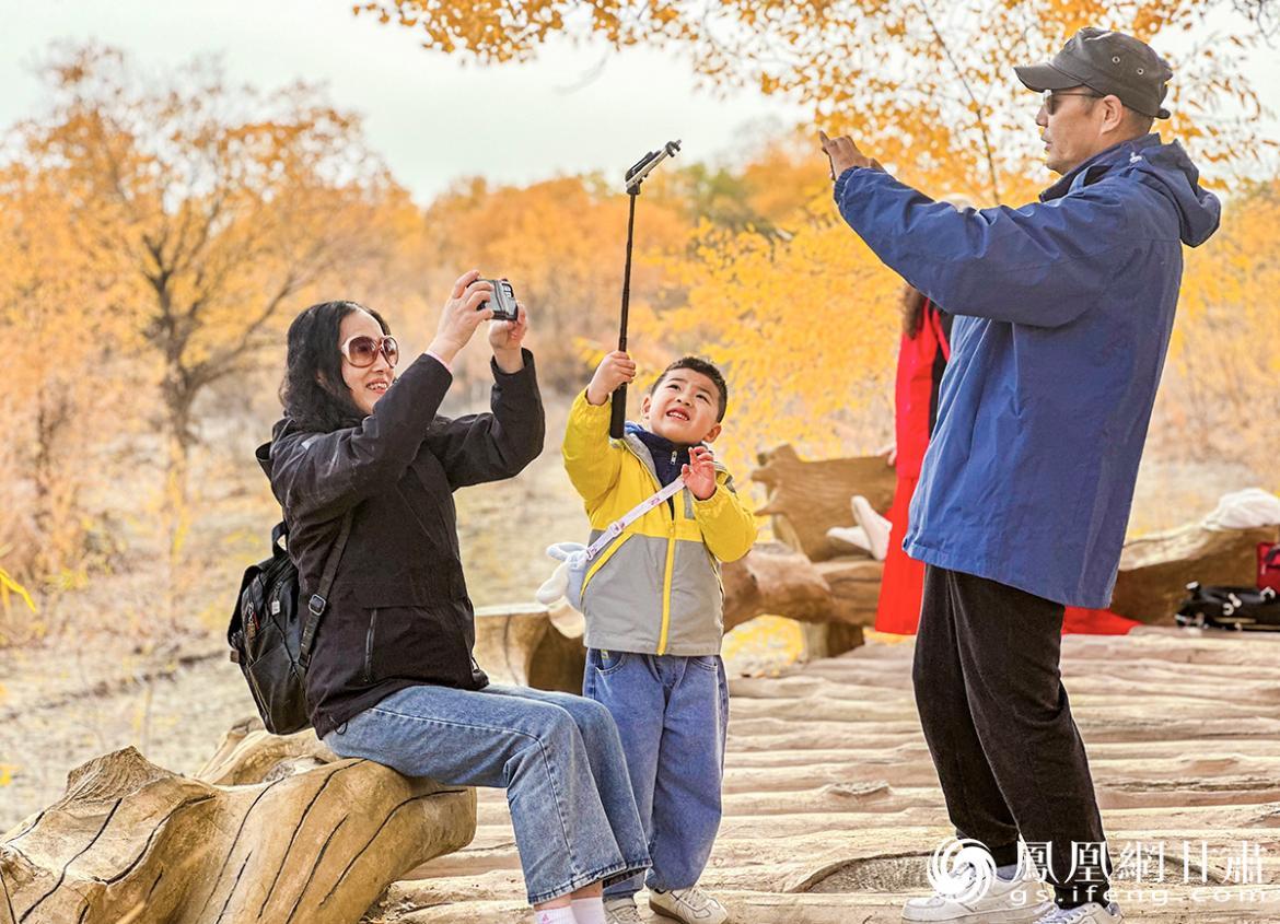 金塔县胡杨林景区内，游客和网红达人纷纷拿起手进行拍摄。马斌　摄