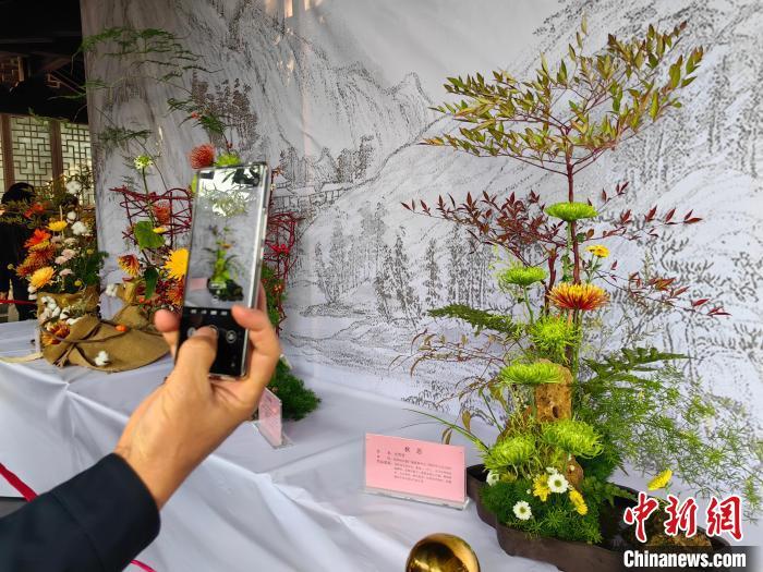 图为游客拍摄插花作品“秋思”。刘鹏 摄