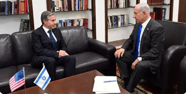 以色列总理办公室本月12日在社交媒体X上发布内塔尼亚胡（右）和布林肯（左）会晤的图