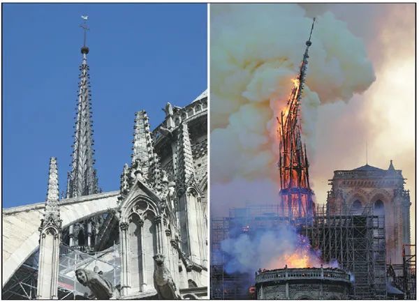 左：损毁前的巴黎圣母院尖塔 右：火灾中的巴黎圣母院