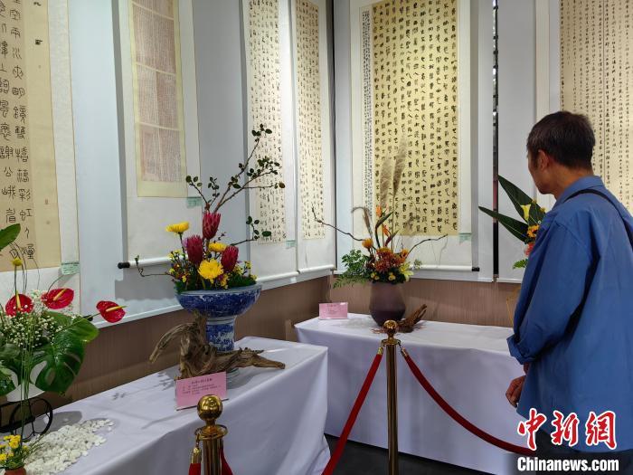 图为游客观赏插花作品。刘鹏 摄