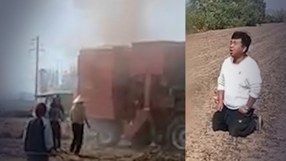 农田主人向拾花生村民下跪，怕机器碰到负不起责任