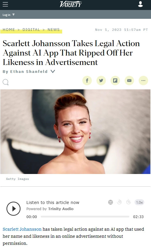 斯嘉麗約翰遜對AI開發(fā)商提訟 稱廣告擅自使用了她的姓名肖像和聲音