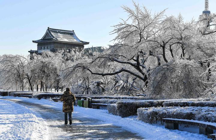 市民在长春市文化广场欣赏雪景。新华社记者 许畅 摄