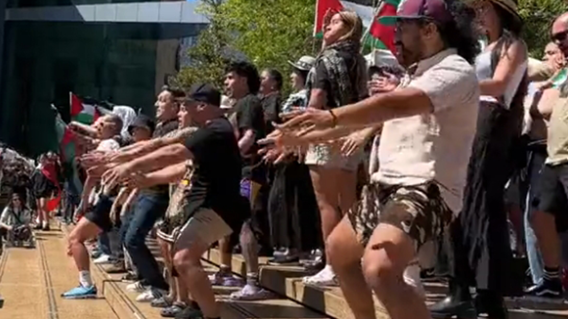 新西兰毛利人跳战舞,表达对巴勒斯坦民众支持,动作整齐划一气势磅礴