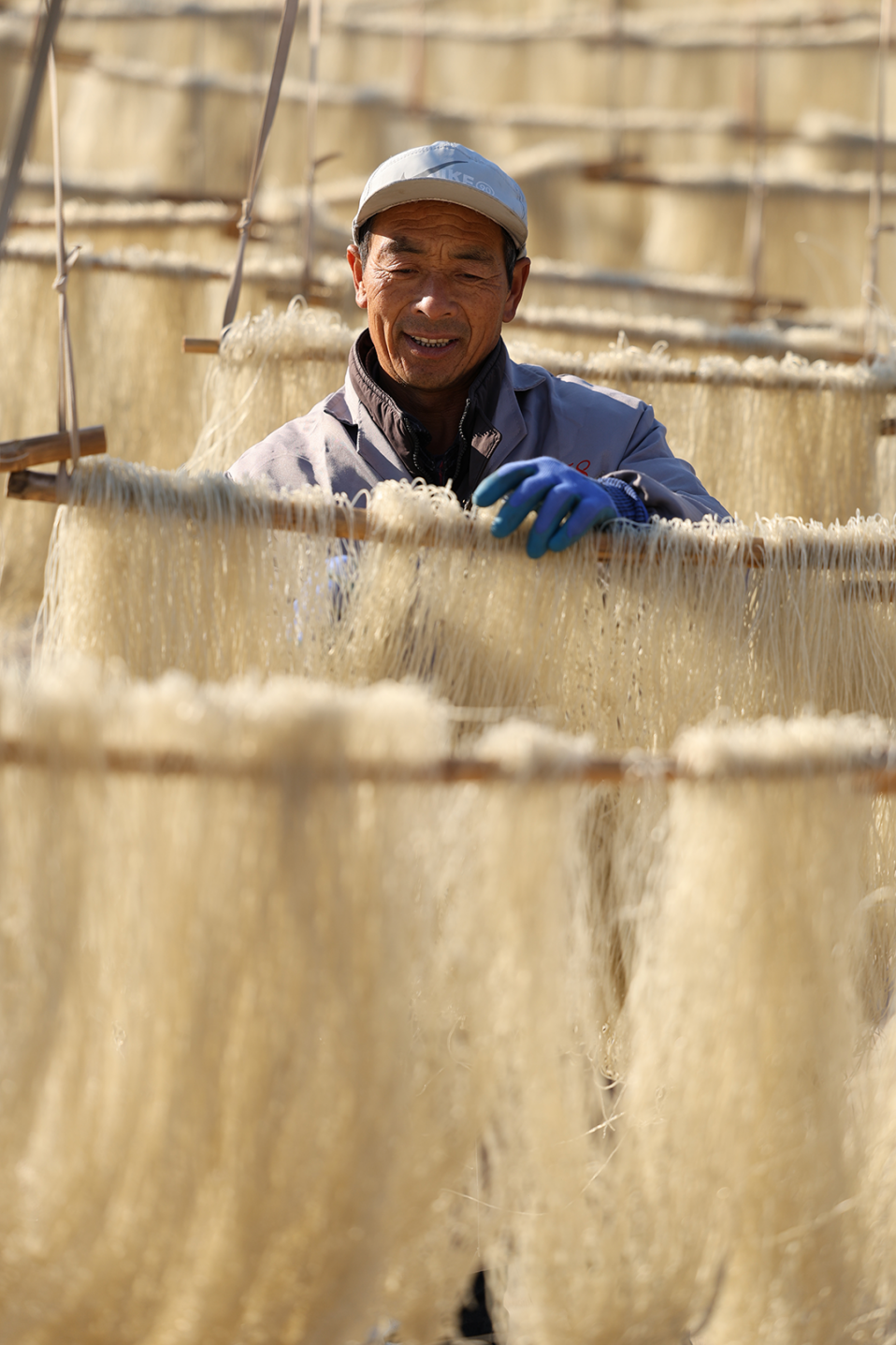 趁着阳光晴好的天气将漏出来的粉条绕成捆状挂在架子上通风晾晒空气里弥漫着红薯淀粉特有的气息也成为一道别致的风景线。宋年升 摄