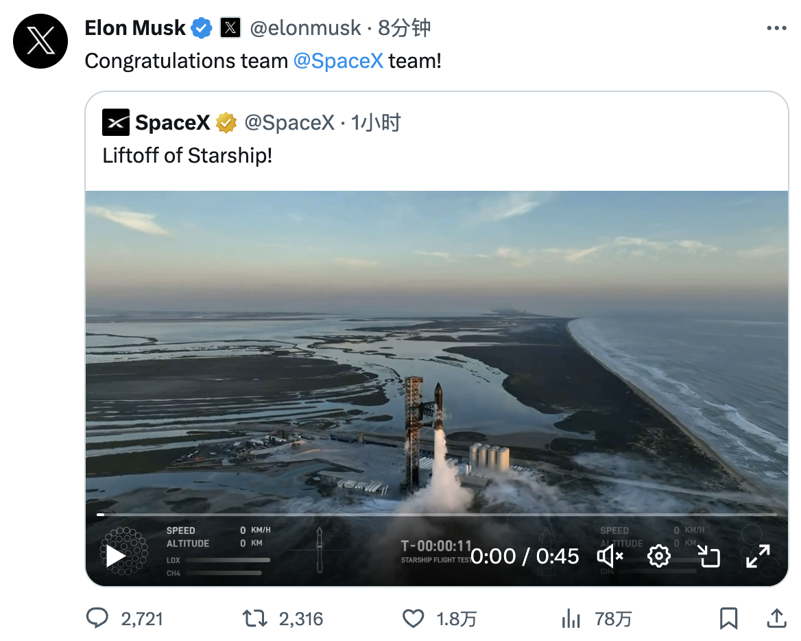马斯克发文祝贺SpaceX团队