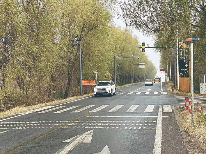 普通公路两侧新设立的岔路口标志标牌、道口标柱和“一灯一带”设施十分醒目。 丁莉 摄