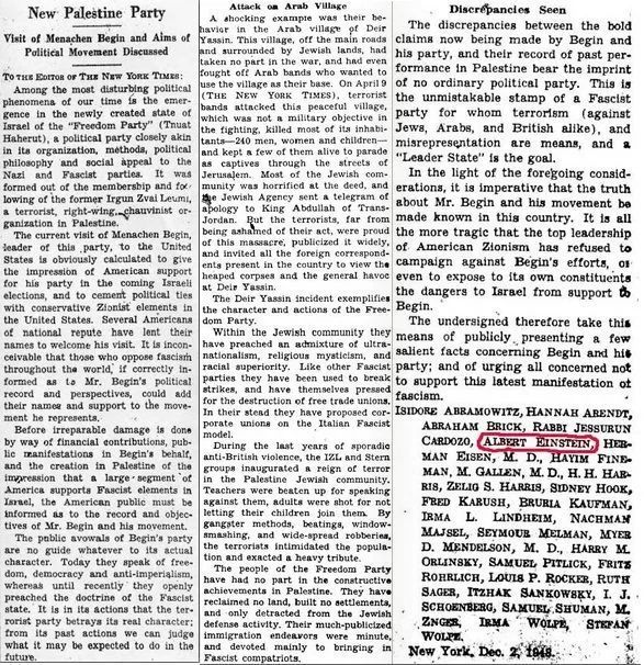 ▎1948年12月4日，爱因斯坦、汉娜·阿伦特等人发表对贝京的访问以及运动目标的讨论。