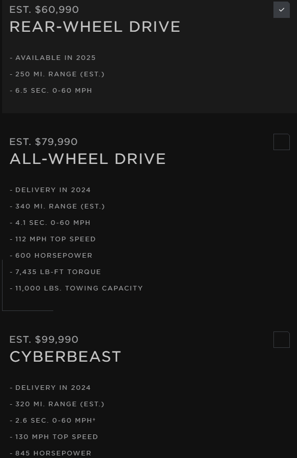 ▲Cybertruck北美售价及性能参数
