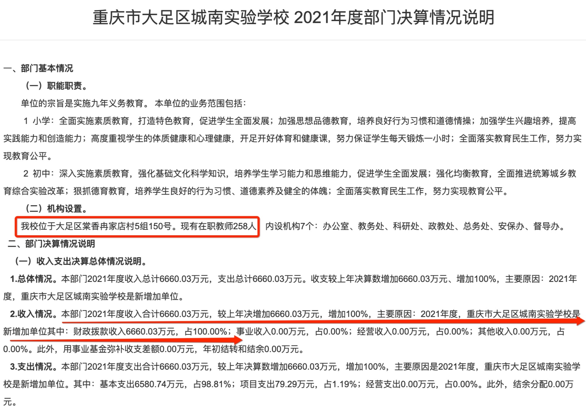 大足区城南实验学校2021年度部门决算情况说明（截图来自大足区政府官网）