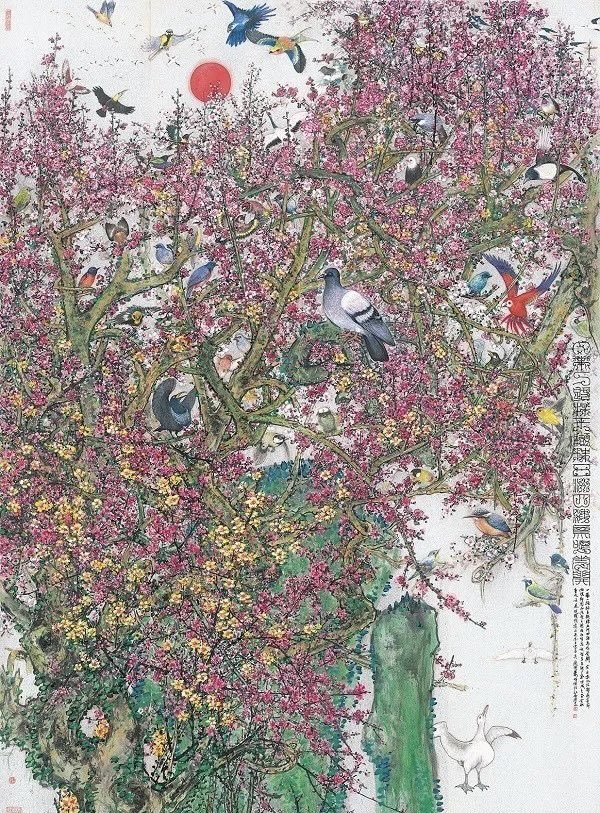 萧晖荣作“一带一路”系列之《鸟鸣花开》。