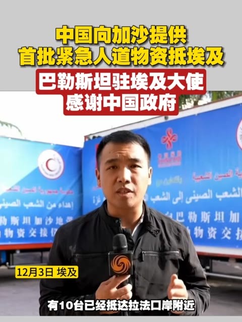 中国向加沙提供首批紧急人道物资抵埃及，巴勒斯坦驻埃及大使感谢中国政府#加沙 #巴勒斯坦 #感谢中国