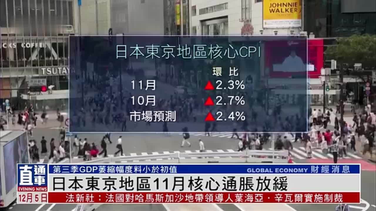 日本东京地区11月核心通胀放缓