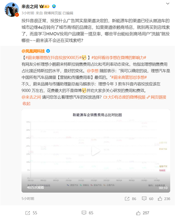 蔚来高管曝理想汽车在抖音投放9000万 微博CEO回应 - 网络动向论坛 - 吾爱微网