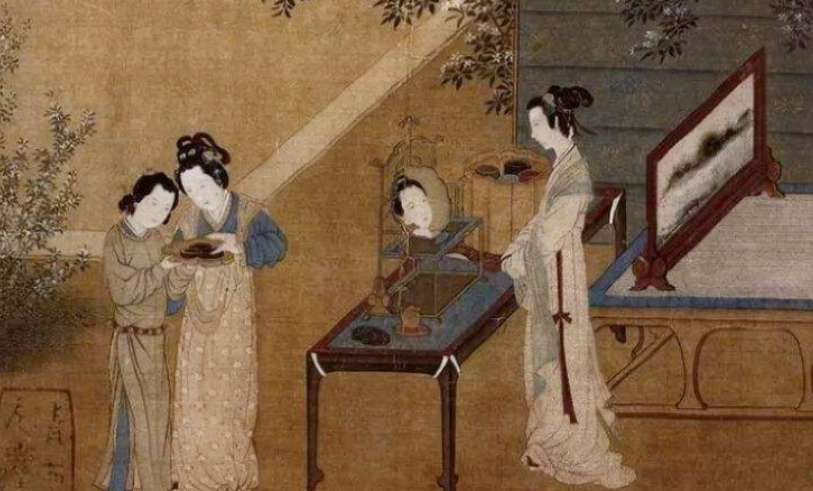 北宋王诜《绣栊晓镜图》，女子对镜梳妆