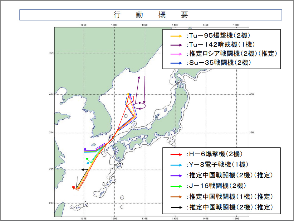 据日本防卫省统合幕僚监部通报称，14日当天，2架中国轰-6轰炸机从东海飞入日本海，与俄军两架图-95轰炸机进行会合，之后一并飞往东海。