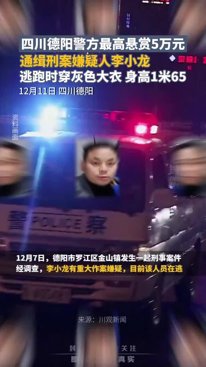 四川德阳警方最高悬赏5万，通缉刑案嫌疑人李小龙，其逃跑时穿灰色大衣，身高1米65