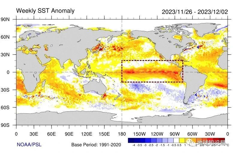 可以看到赤道东太平洋明显偏暖，已经形成一次厄尔尼诺事件（全球海温距平 图：NOAA）