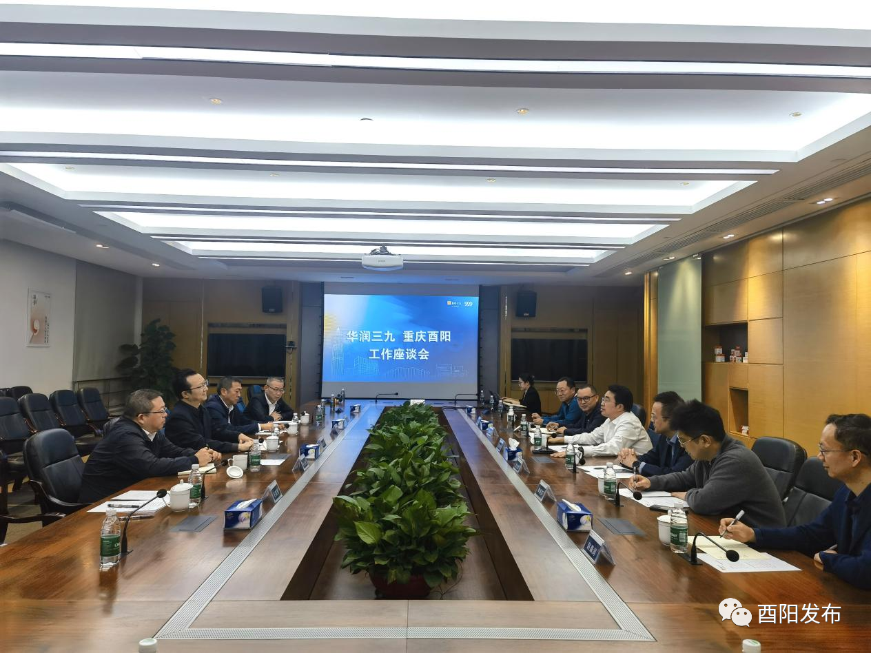 酉阳县委书记祁美文与华润三九集团董事长邱华伟就打造医药产业园进行沟通。