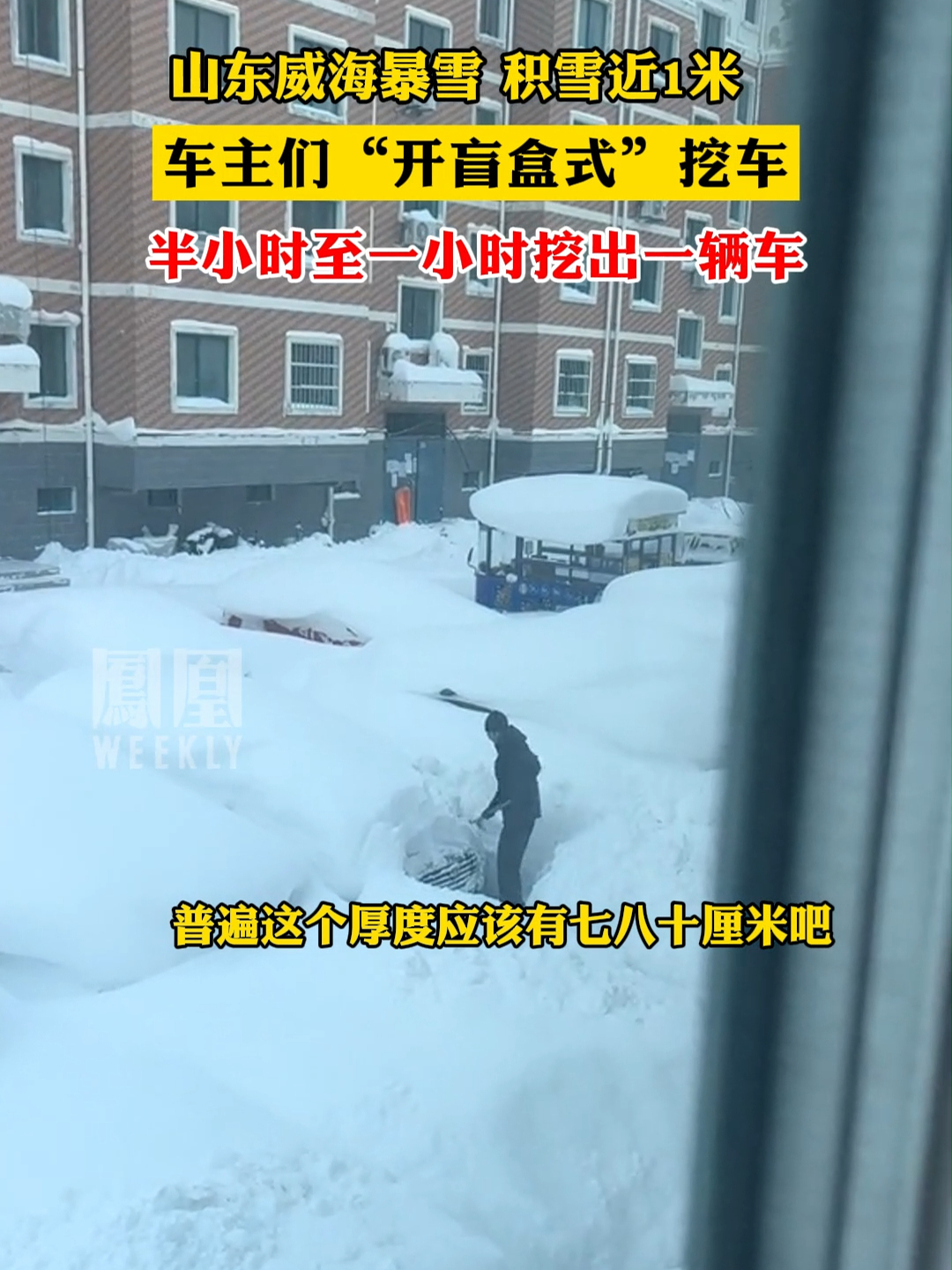#山东威海暴雪  积雪近1米，车主们“开盲盒式”挖车，半小时至一小时挖出一辆车