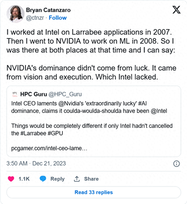 英特尔CEO吐槽黄仁勋 英伟达成功纯粹源于运气：后者霸气回应 - 吾爱微网