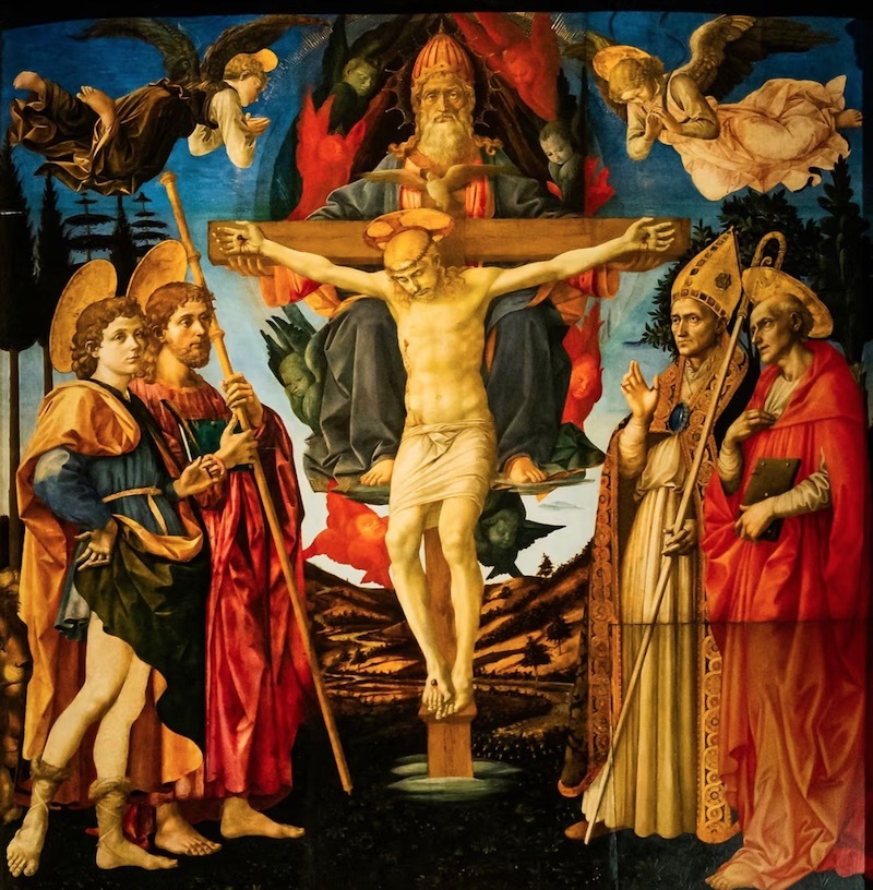 祭坛画《皮斯托亚圣三位一体（The Pistoia Santa Trinità Altarpiece）》（局部），近乎迷幻的蓝色、红色和金色