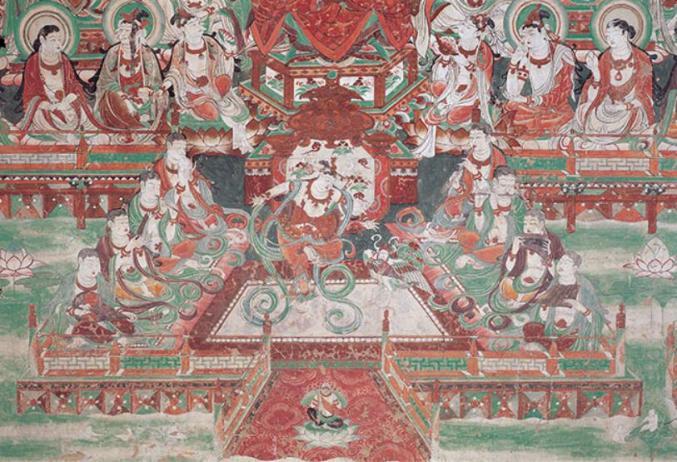 ▲榆林窟25窟 观无量寿经变之乐队-中唐